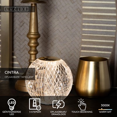 Lucide CINTRA - Oplaadbare Tafellamp - Accu/Batterij - Ø 9 cm - LED 3 StepDim - 1x1,5W 3000K - Transparant